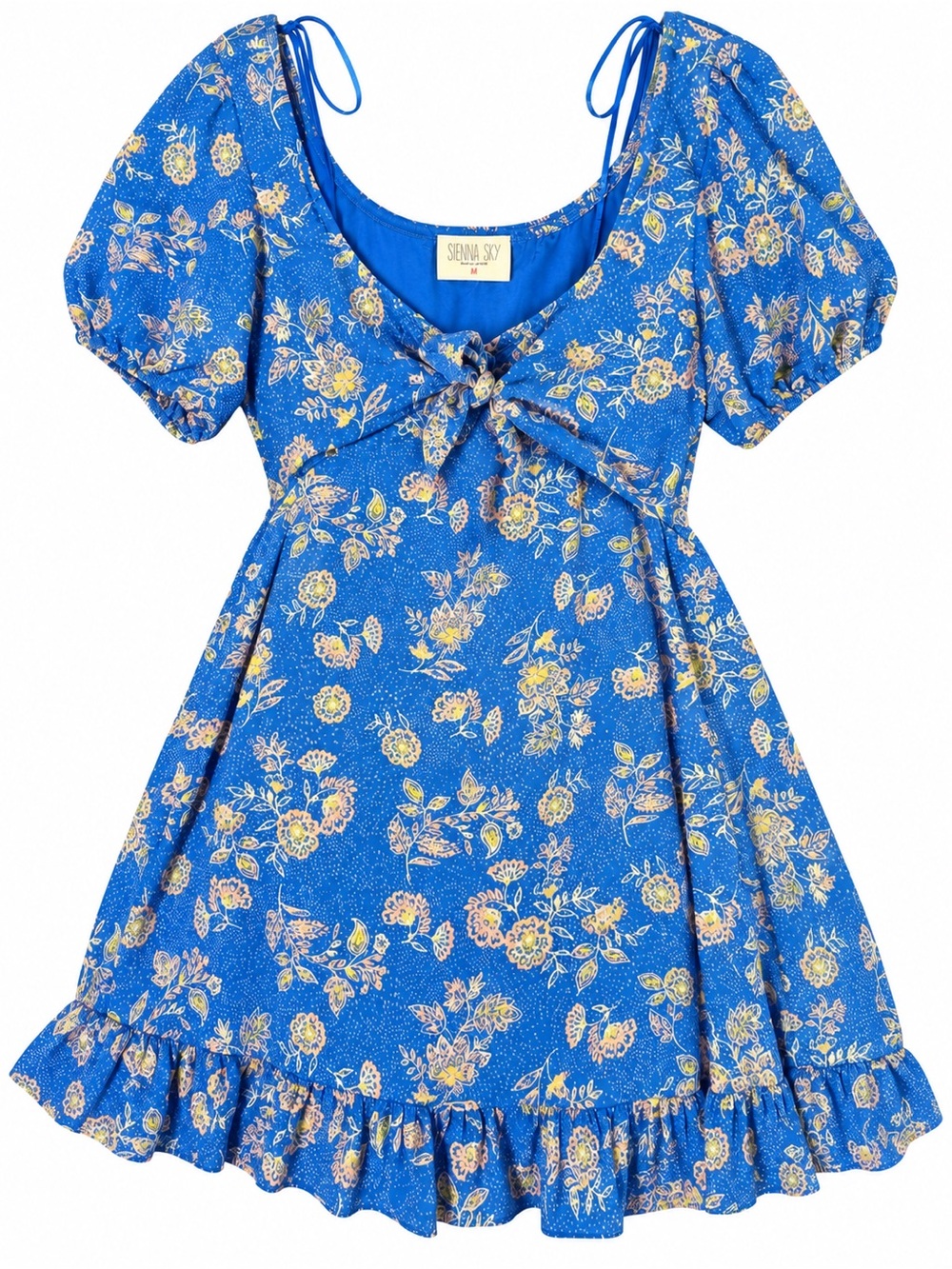 Sienna Sky Blue Floral Puff Sleeve Mini Dress Size M Tie Front Ruffle Hem